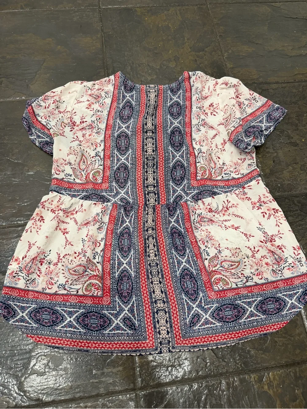 Knox Rose XL Boho Paisley Floral Tunic Blouse Red Navy Peasant Top Tassel Tie